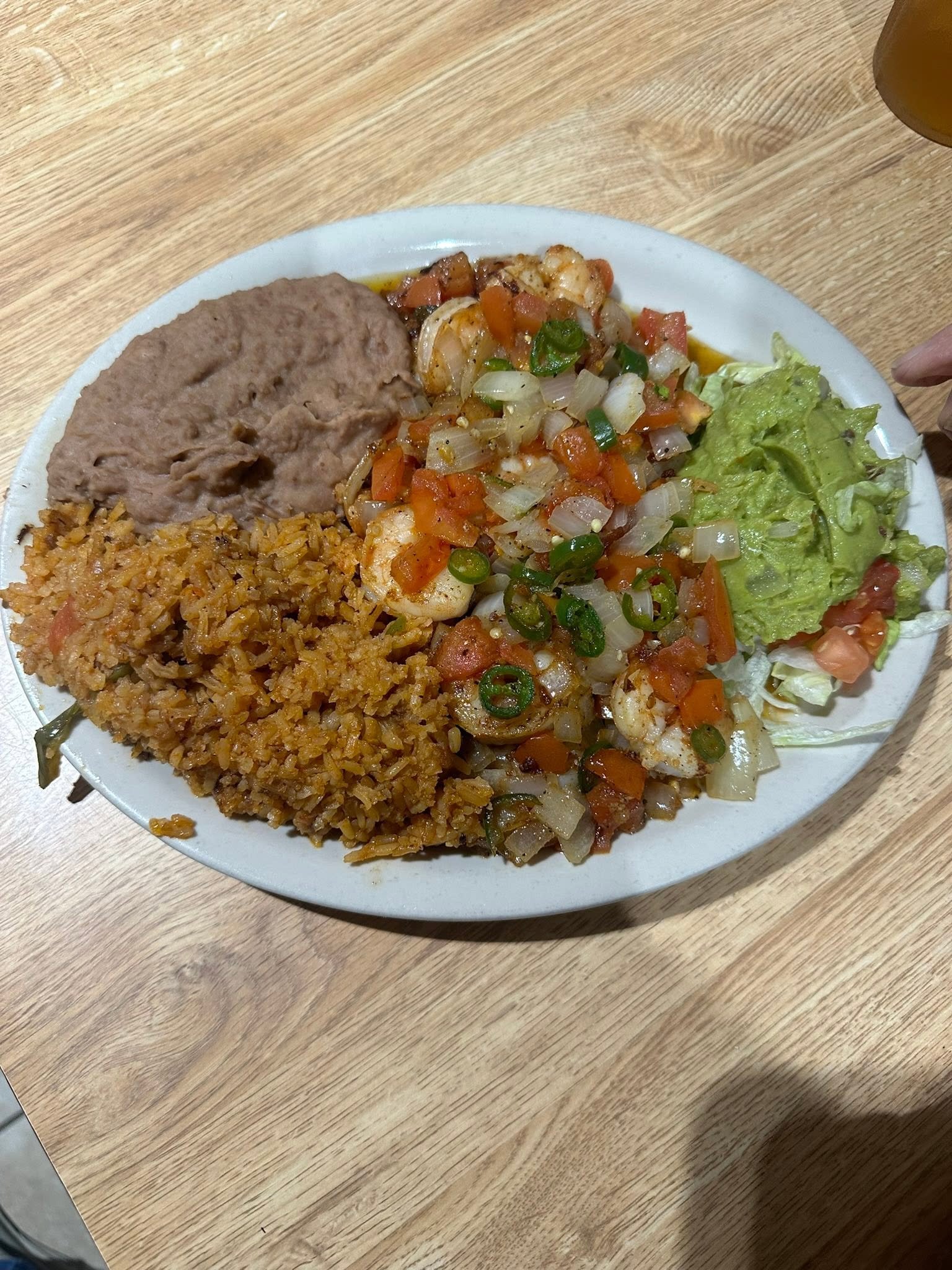 Charlie's Mexican shrimp with rice, beans and guacamole