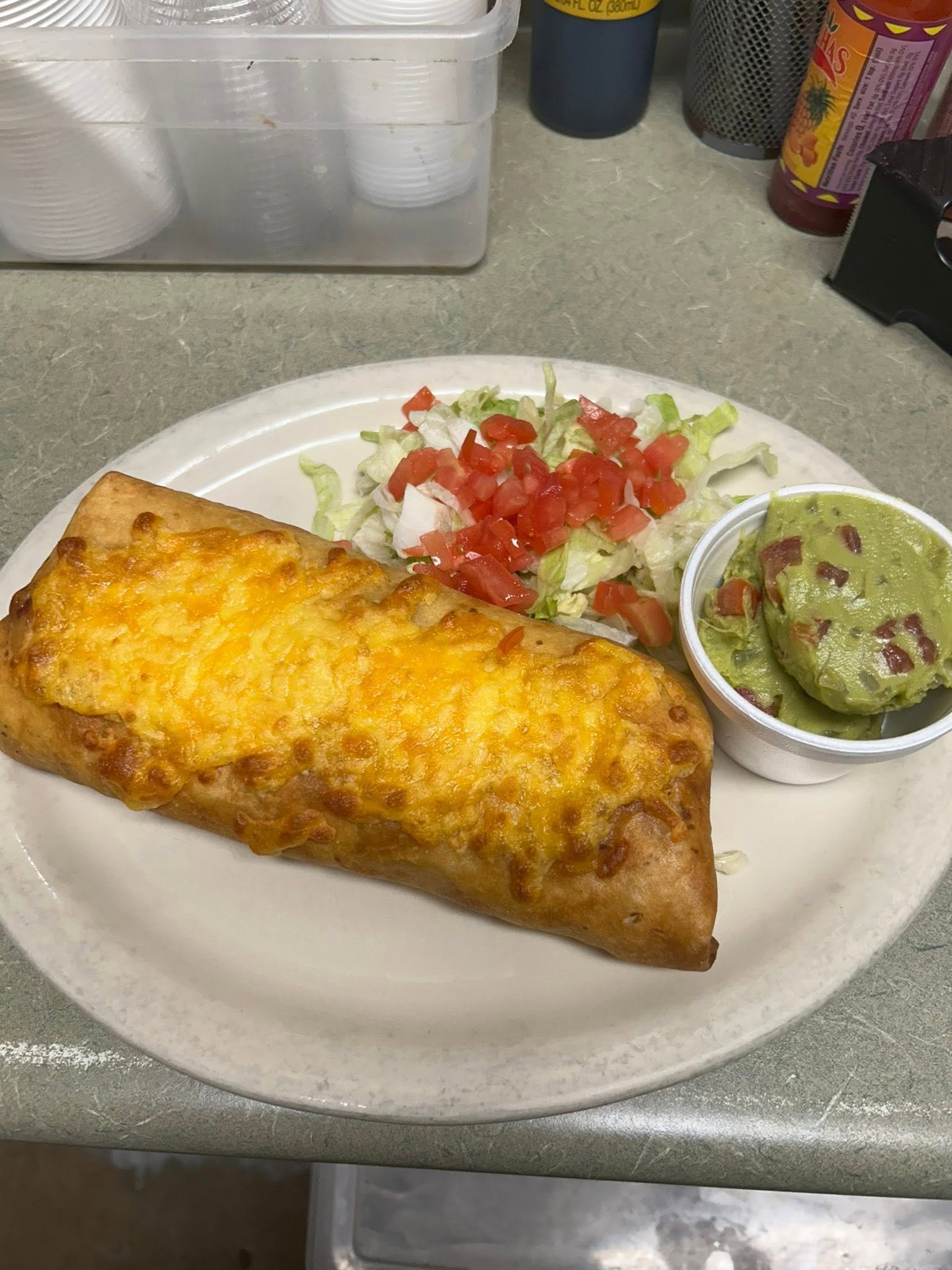 Large burrito served with salad and guacamole